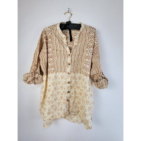 Market Place Manipur Women Tunic Top Medium Beige Geometric Roll Tab Sleeve Boho - Picture 1 of 6